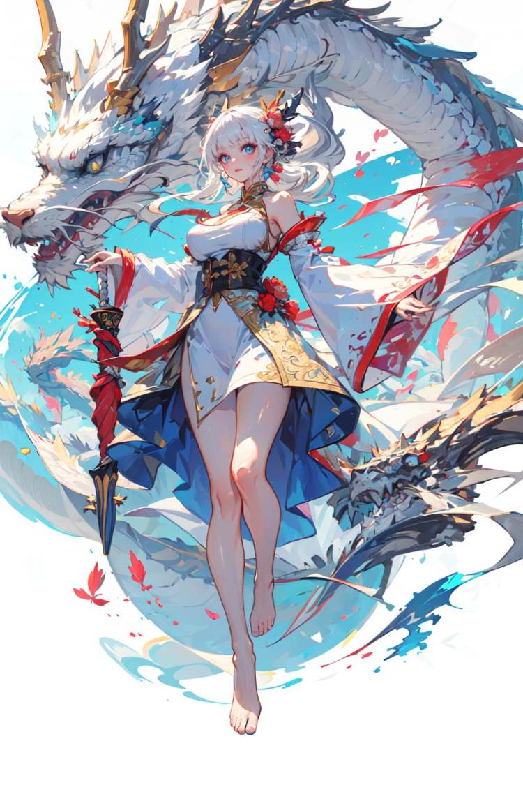 [(white background:1.5)::5],(bottle bottom:0.9),masterpiece,(full body:1.2),Dragon and girl,1girl,umbrella,holding umbrella,breasts,holding,long hair,barefoot,solo,bare shoulders,white hair,monster,oil-paper umbrella,glowing,floating,long sleeves,large breasts,dress,looking at viewer,bangs,wide sleeves,white dress,<lora:Dragon and girl_20240205103724-000018:0.8>,
