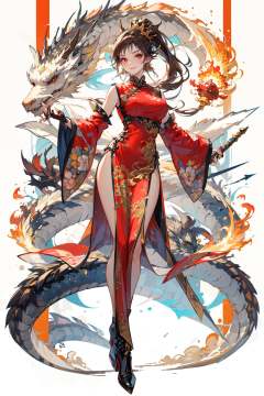 [(white background:1.5)::5],(bottle bottom:0.9),masterpiece,(full body:1.2),Dragon and girl, 1girl, dragon, long hair, dress, weapon, gloves, solo, smile, fire, red dress, black gloves, sword, red eyes, chinese clothes, looking at viewer, holding, brown hair, bangs, breasts, jewelry, eastern dragon, holding weapon, earrings, high heels, full body, holding sword, fingerless gloves, crown, wide sleeves, boots, parted bangs, china dress, ponytail, black footwear, side slit, very long hair, gold trim, armor<lora:Dragon and girl_20240205103724-000018:0.8>,