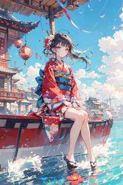 -Dragon and girl, 1girl, dragon, japanese clothes, kimono, red kimono, hair ornament, eastern dragon, boat, watercraft, hair flower, sky, flower, sash, cloud, water, black hair, outdoors, long hair, day, obi, bird, blue sky, wide sleeves, sitting, ocean, holding, solo, bangs, looking at viewer, closed mouth, floating hair, long sleeves, blue eyes, cloudy sky, red flower<lora:Dragon and girl_20240205103724-000018:0.8>,