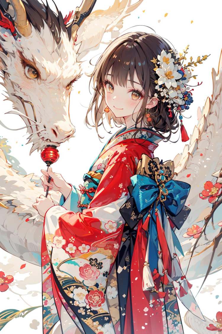 (masterpiece:1.2),best quality,PIXIV,Dragon and girl, 1girl, dragon, hair ornament, looking at viewer, flower, japanese clothes, kimono, smile, hair flower, long hair, floral print, wide sleeves, blush, holding, sash, long sleeves, bangs, jewelry, eastern dragon, solo, closed mouth, earrings, brown hair, obi, looking back, tassel, white flower, brown eyes, lantern, standing, black hair, new year, food, white kimono<lora:Dragon and girl_20240205103724-000018:0.8>,