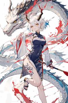-Dragon and girl, 1girl, horns, dress, pointy ears, yellow eyes, earrings, jewelry, breasts, tattoo, chinese clothes, white dress, dragon, arm tattoo, china dress, solo, white hair, leg tattoo, medium breasts, multicolored hair, covered navel, eastern dragon, short hair, medium hair, bare shoulders<lora:Dragon and girl_20240205103724-000018:0.8>,