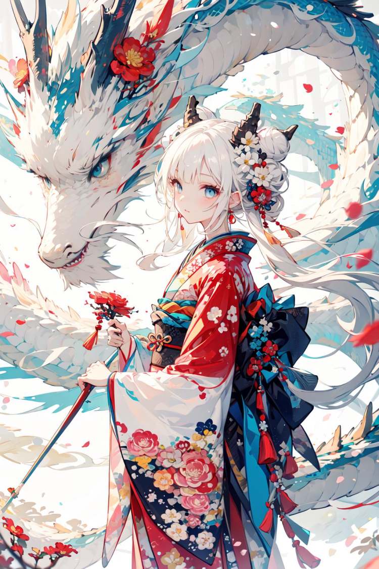 -Dragon and girl, 1girl, dragon, japanese clothes, kimono, white hair, hair ornament, eastern dragon, blue eyes, red kimono, hair flower, hair bun, flower, sash, long sleeves, wide sleeves, obi, solo, petals, bangs, from side, floral print, single hair bun, closed mouth, sidelocks, long hair, red eyes, ribbon<lora:Dragon and girl_20240205103724-000018:0.8>,