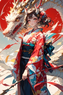 Dragon and girl, 1girl, dragon, weapon, eastern dragon, arrow \(projectile\), bow \(weapon\), japanese clothes, flower, holding, brown hair, short hair, sash, hair ornament, standing, quiver, holding bow \(weapon\), wide sleeves, holding weapon, kimono, long sleeves, obi, horns<lora:Dragon and girl_20240204154651-000010:1>,