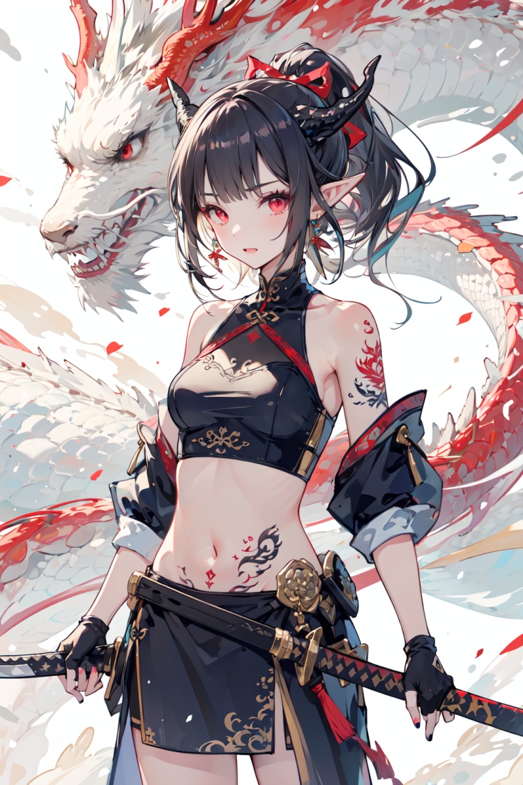 -Dragon and girl, 1girl, weapon, horns, sword, unsheathing, holding weapon, red eyes, gloves, black hair, holding sword, holding, navel, solo, sheath, tattoo, fingerless gloves, pointy ears, katana, long hair, ponytail, black gloves, looking at viewer, bangs, breasts, dragon, earrings, midriff, jewelry, stomach, multicolored hair, ribbon, small breasts, dragon horns, bare shoulders, holding sheath, eastern dragon, arm tattoo, hair ribbon, red ribbon, nail polish, cowboy shot, scabbard<lora:Dragon and girl_20240205103724-000018:0.8>,
