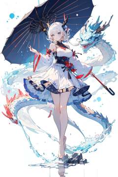 [(white background:1.5)::5],(bottle bottom:0.9),masterpiece,(full body:1.2),Dragon and girl,1girl,umbrella,holding umbrella,breasts,holding,long hair,barefoot,solo,bare shoulders,white hair,monster,oil-paper umbrella,glowing,floating,long sleeves,large breasts,dress,looking at viewer,bangs,wide sleeves,white dress,<lora:Dragon and girl_20240205103724-000018:0.8>,