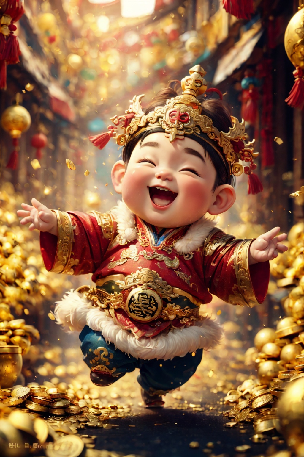 (best quality,4k,8k,highres,masterpiece:1.2), god of wealth, spring Festival elements, gold, gold, gold, red, baby, run to the audience, Blurred Background, Scattered, splashed riches, solo, ultra hd, (best quality), high detail, 8k, holding, running background, looking