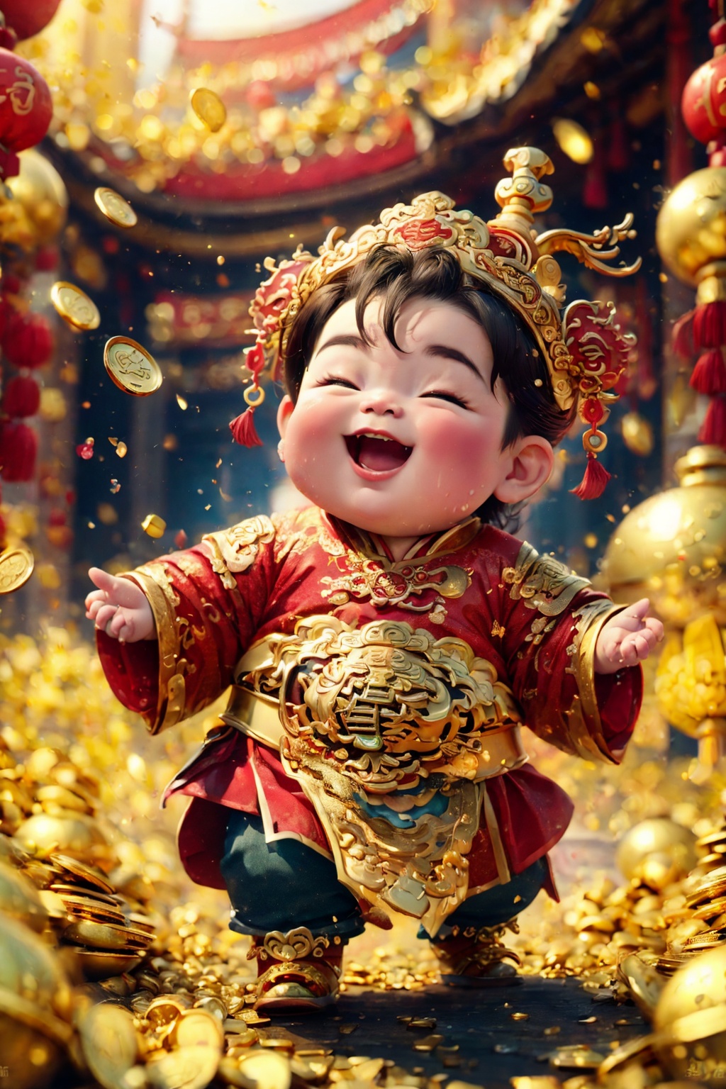 (best quality,4k,8k,highres,masterpiece:1.2), god of wealth, spring Festival elements, gold, gold, gold, red, baby, run to the audience, Blurred Background, Scattered, splashed riches, solo, ultra hd, (best quality), high detail, 8k, holding, running background, looking
