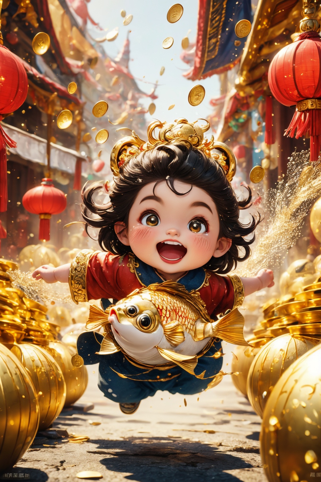 (best quality,4k,8k,highres,masterpiece:1.2), god of wealth, spring Festival elements, gold, gold, gold fish, red, baby, run to the audience, Blurred Background, Scattered, splashed riches, solo, ultra hd, (best quality), high detail, 8k, holding, running background, looking
