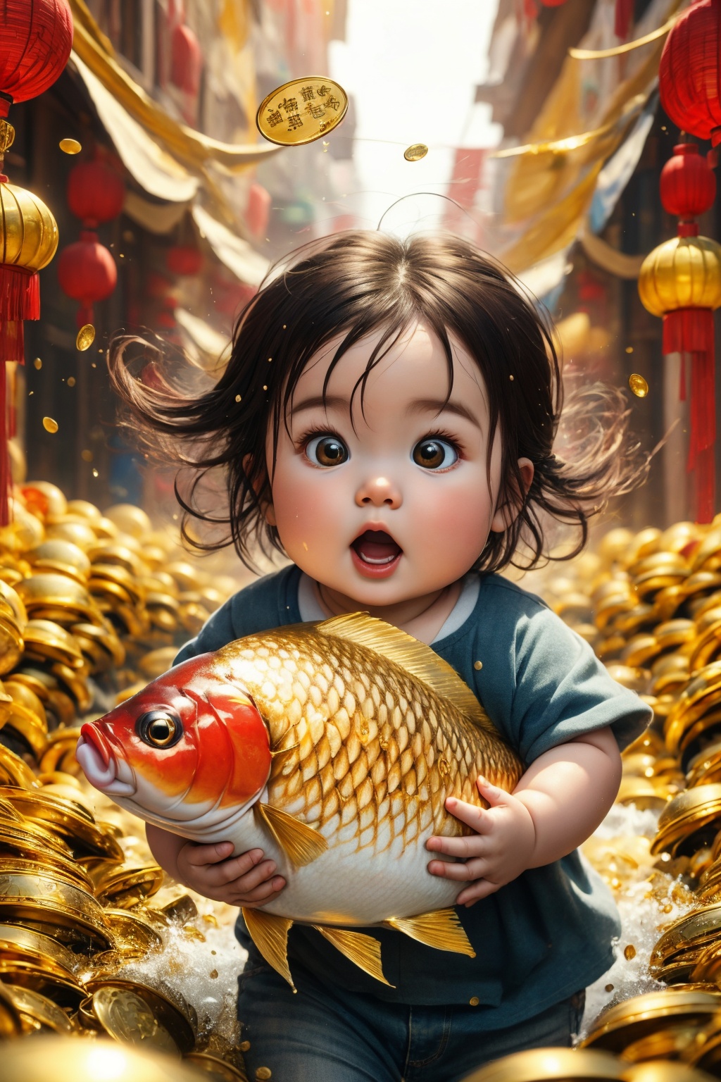 (best quality,4k,8k,highres,masterpiece:1.2), god of wealth, spring Festival elements, gold, gold, gold fish, red, baby, run to the audience, Blurred Background, Scattered, splashed riches, solo, ultra hd, (best quality), high detail, 8k, holding, running background, looking