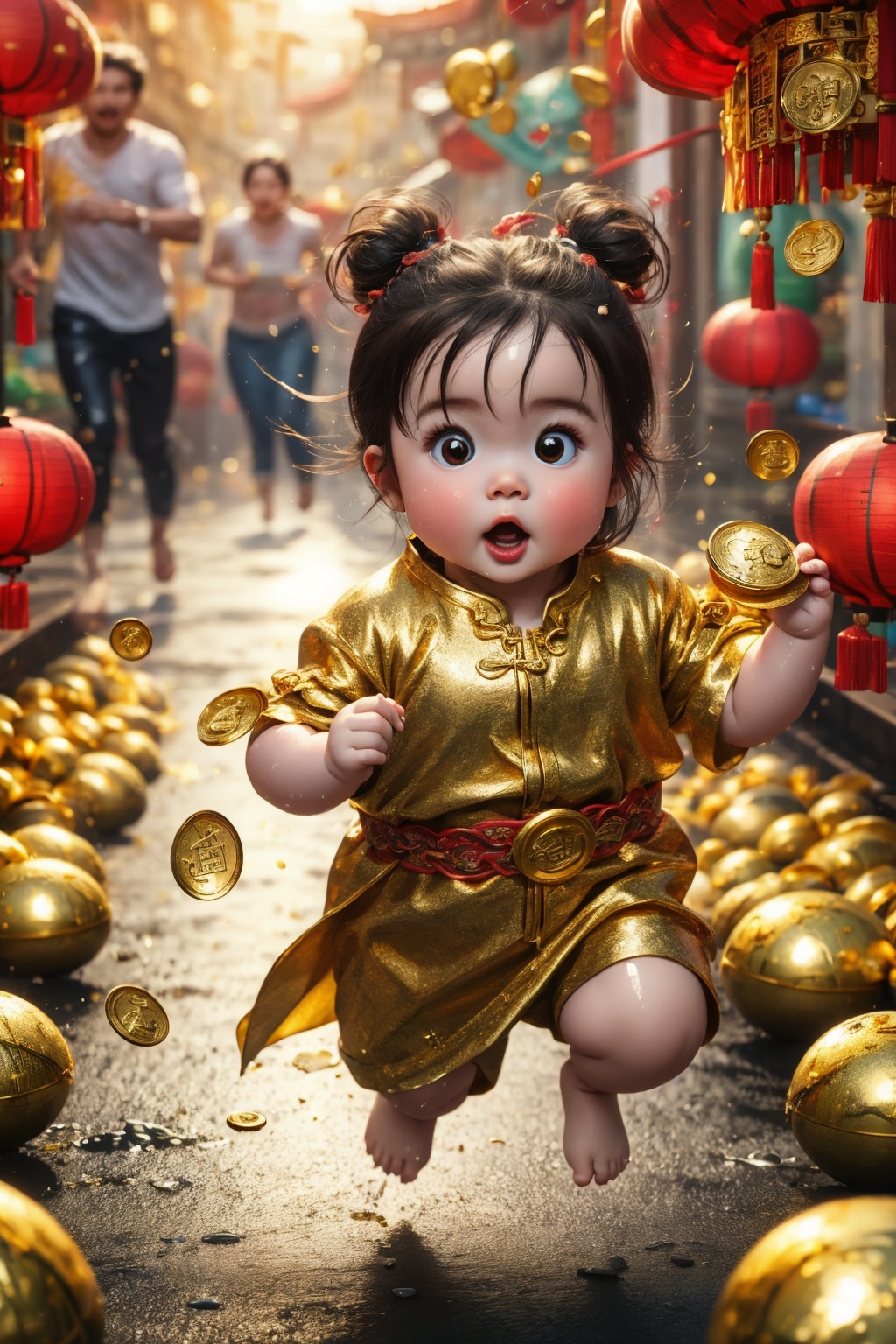 (best quality,4k,8k,highres,masterpiece:1.2), god of wealth, spring Festival elements, gold, gold, gold fish, red, baby, run to the audience, Blurred Background, Scattered, splashed riches, solo, ultra hd, (best quality), high detail, 8k, holding, running background, looking