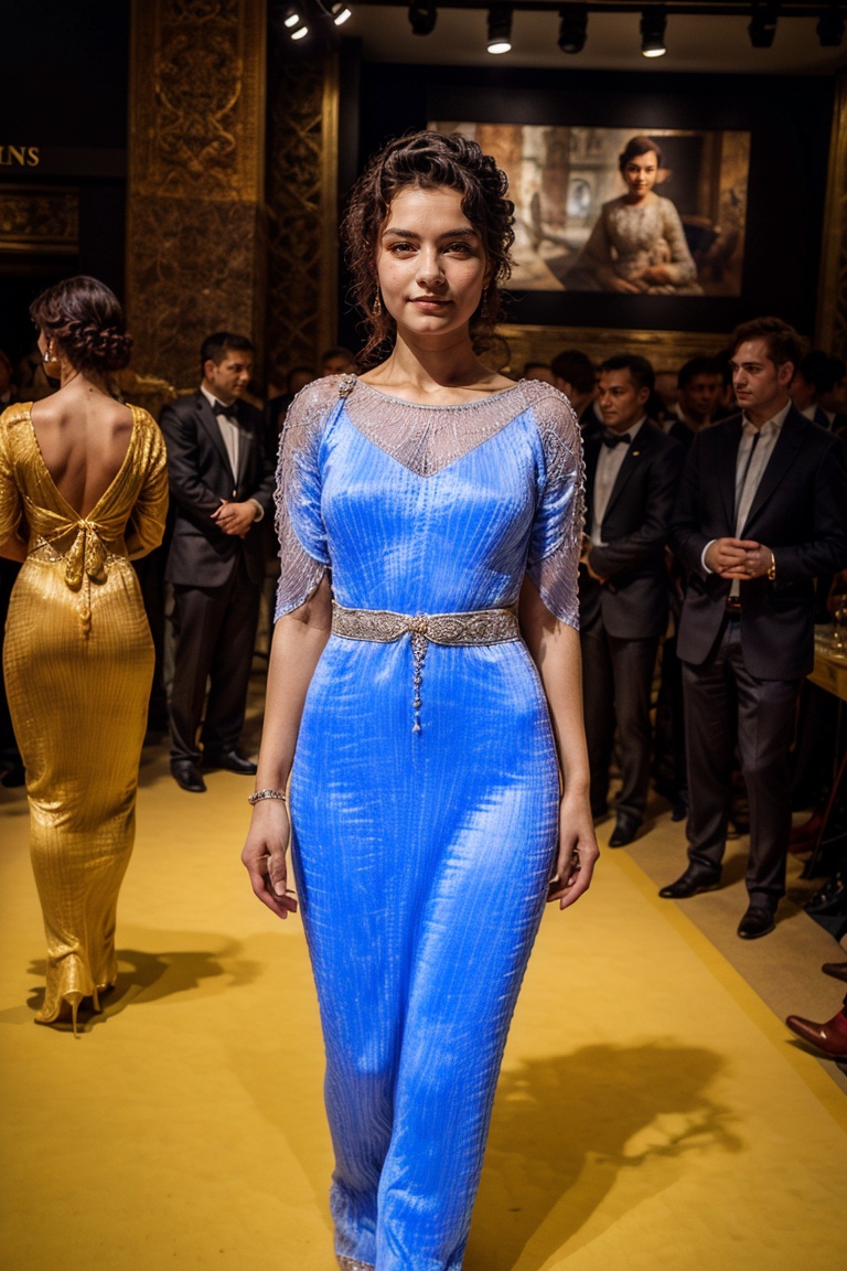 Full body view,  Perfect photography of girl 20 year old,  wearing detailed Fortuny dress on Tensor.Art