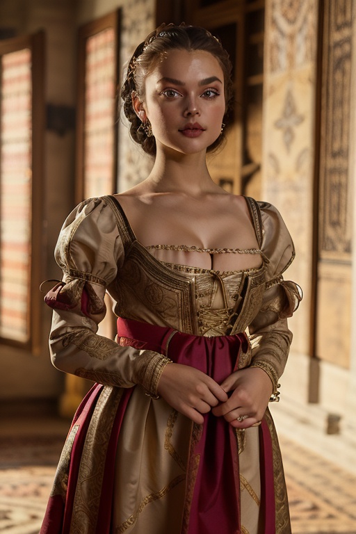 Full body view,  Perfect photography of girl 20 year old,  wearing long renaissance dress on Tensor.Art