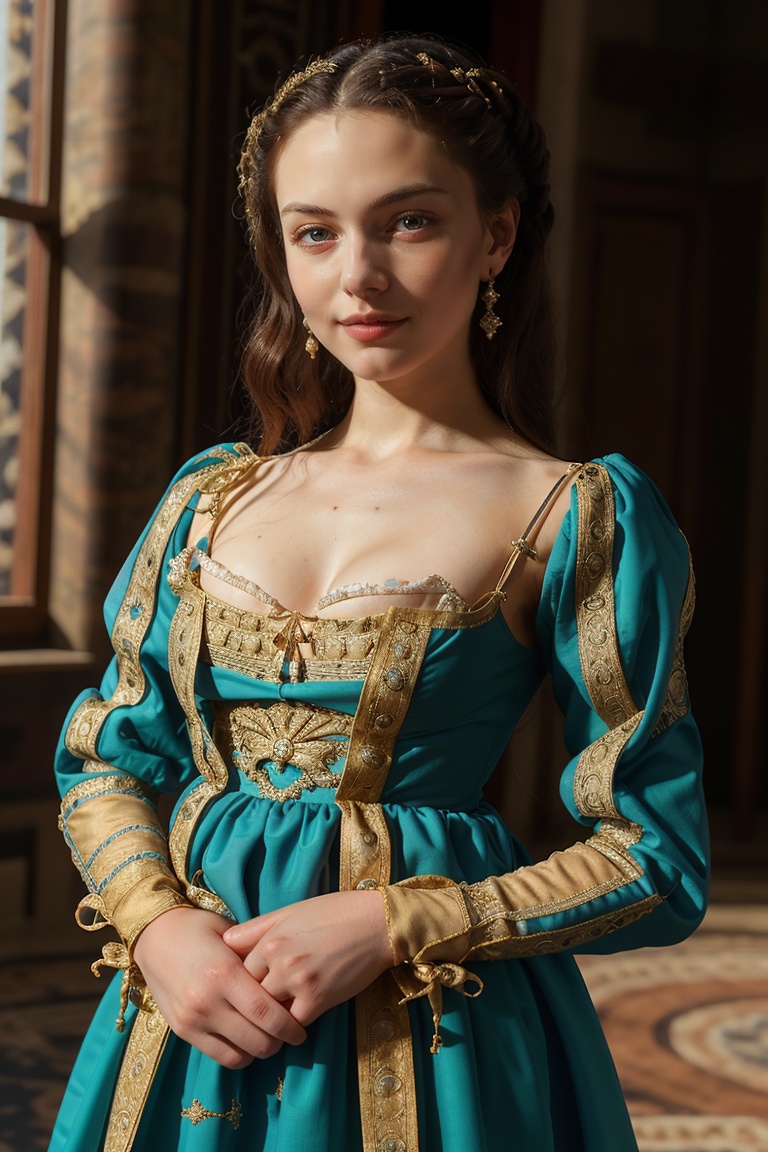 Full body view,  Perfect photography of girl 20 year old,  wearing long renaissance dress on Tensor.Art