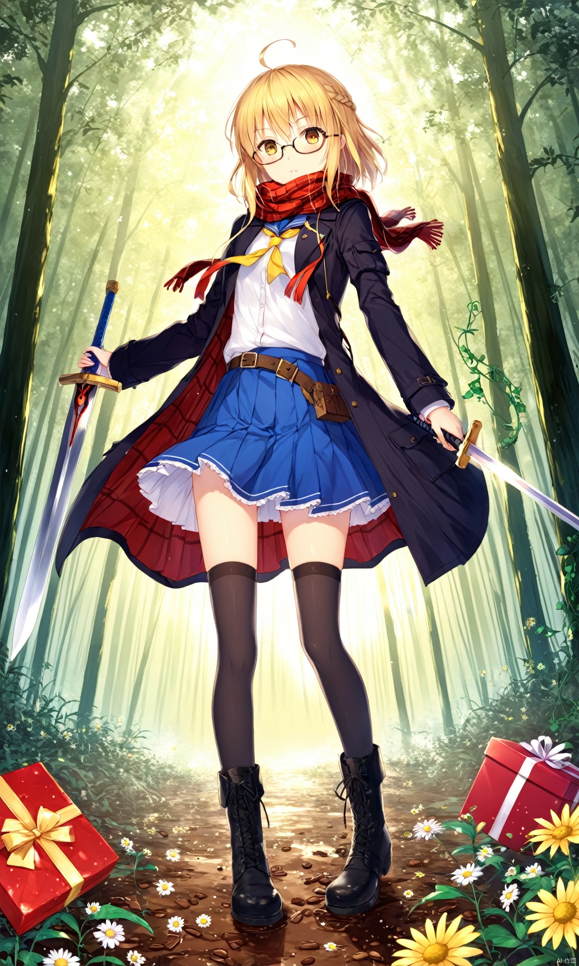 (masterpiece), (best quality), illustration, ultra detailed, hdr, Depth of field, (colorful), loli, yellow theme, the setting sun, Chamomile, Chamomile, cornflower, vines, forest, ruins, lens flare, hdr, Tyndall effect, damp, wet, 1girl, mysterious heroine x alter (first ascension) (fate), mysterious heroine x alter (fate), solo, artoria pendragon (fate), thighhighs, scarf, ahoge, sword, boots, glasses, red scarf, blonde hair, plaid scarf, weapon, looking at viewer, semi-rimless eyewear, skirt, knee boots, plaid, black-framed eyewear, under-rim eyewear, black thighhighs, valentine, holding, black footwear, gift, garter straps, full body, blue skirt, braid, yellow eyes, excalibur (fate/stay night), belt boots, heart-shaped box, school uniform, hair between eyes, jacket, open clothes, pleated skirt, fringe trim, coat, bangs, duffel coat, long sleeves, box, sidelocks, holding sword, hood, serafuku, chocolate, blush,