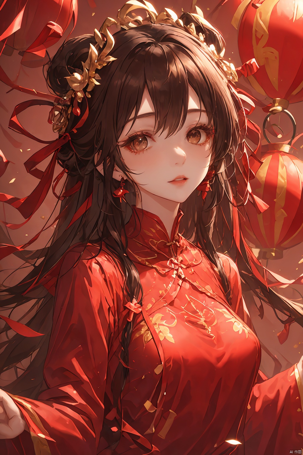  hydress 1girl solo brown hair black hair long sleeves ribbon brown eyes upper body braid tassel lantern
