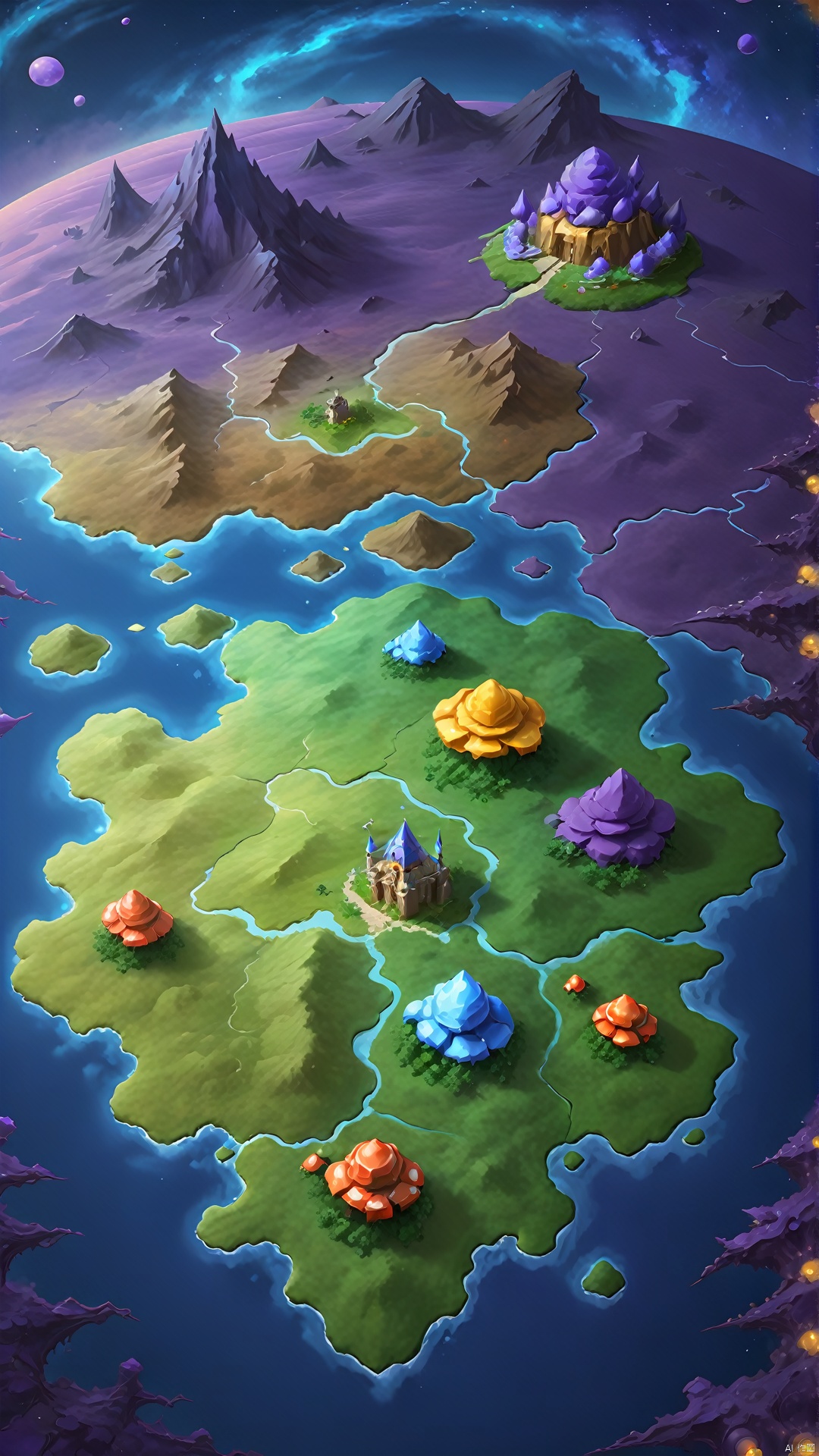  (Fantasy style, super realistic thick paint: 1.5) (Strange super giant Tonman across the sky: 1.5), adventurers who intend to explore, magical journeys, cosmic journeys, otherworldly mushrooms, purple flowers
Skyview, indoor view (world map),