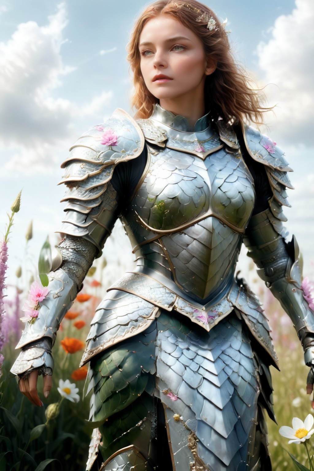 hyperrealistic full length portrait of gorgeous goddess | standing in field full of flowers | detailed gorgeous face!! | u...