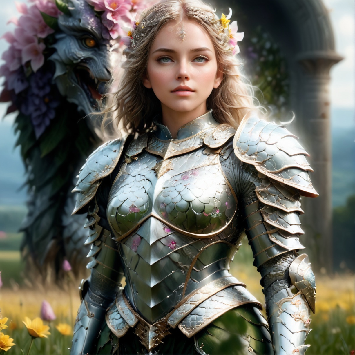 hyperrealistic full length portrait of gorgeous goddess | standing in field full of flowers | detailed gorgeous face!! | u...