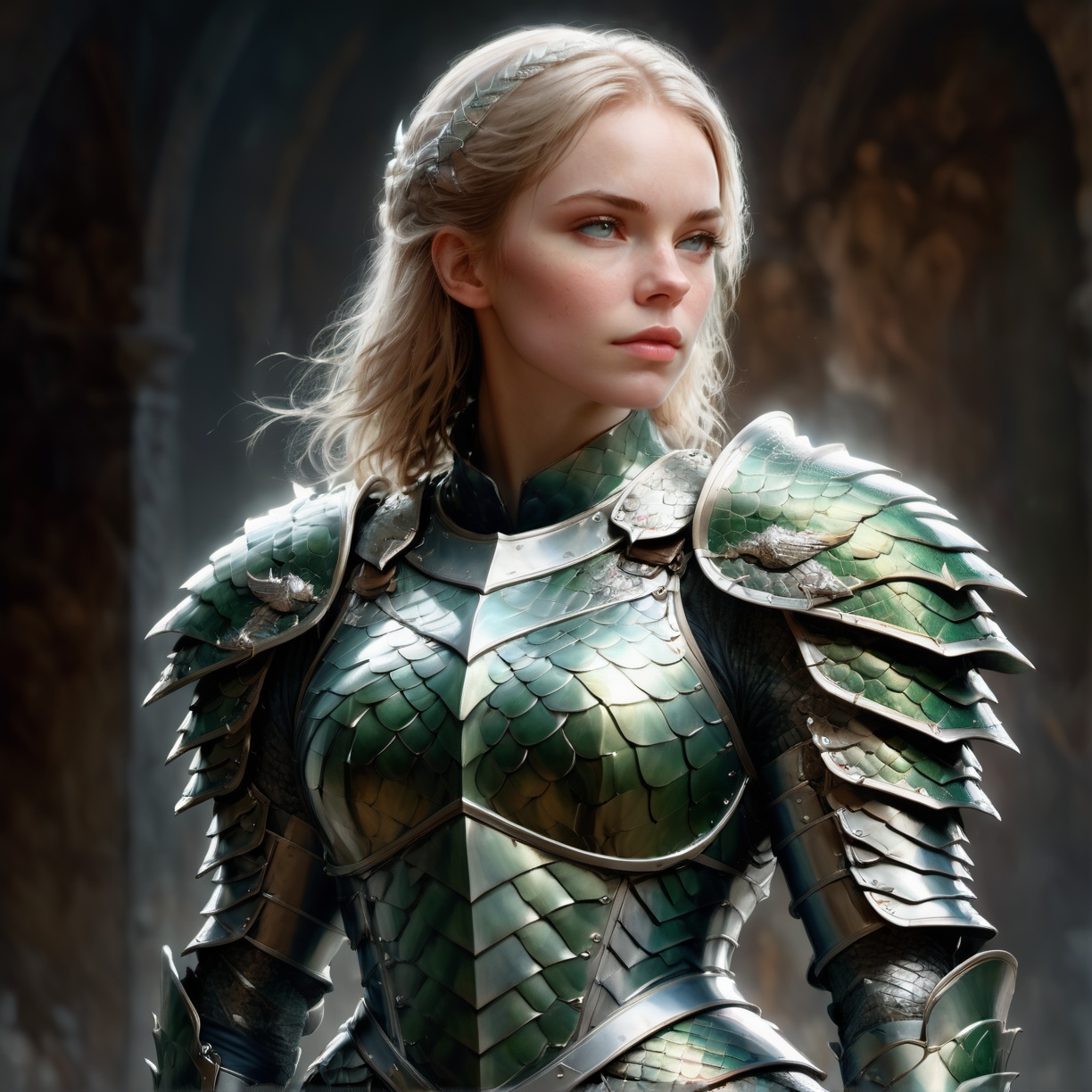 digital illustration of female american soldier,  wearing dragon armor,  masterpiece on Tensor.Art
