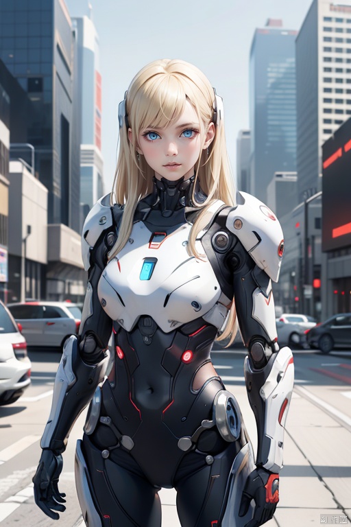 Robots\(ip\), 1girl, solo, science fiction, blonde hair, looking at viewer, cyberpunk, blue eyes, realistic, armor, long hair