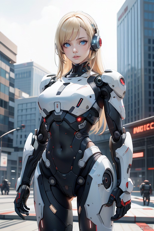 Robots\(ip\), 1girl, solo, science fiction, blonde hair, looking at viewer, cyberpunk, blue eyes, realistic, armor, long hair,Giant robots in the background,