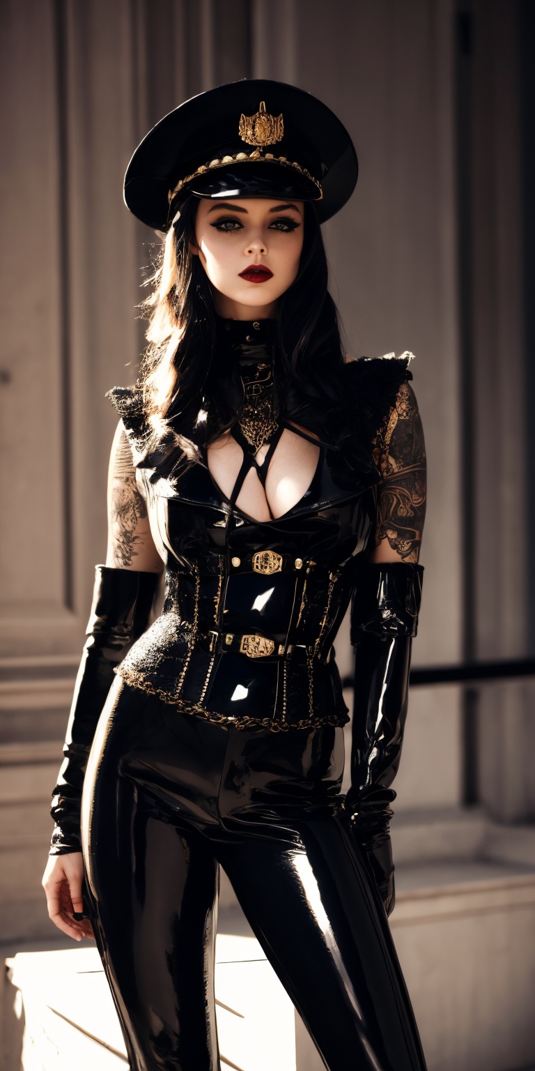 beautiful Nordic Girl,  clad in a gothic punk-inspired latex military outfit,  military hat on Tensor.Art