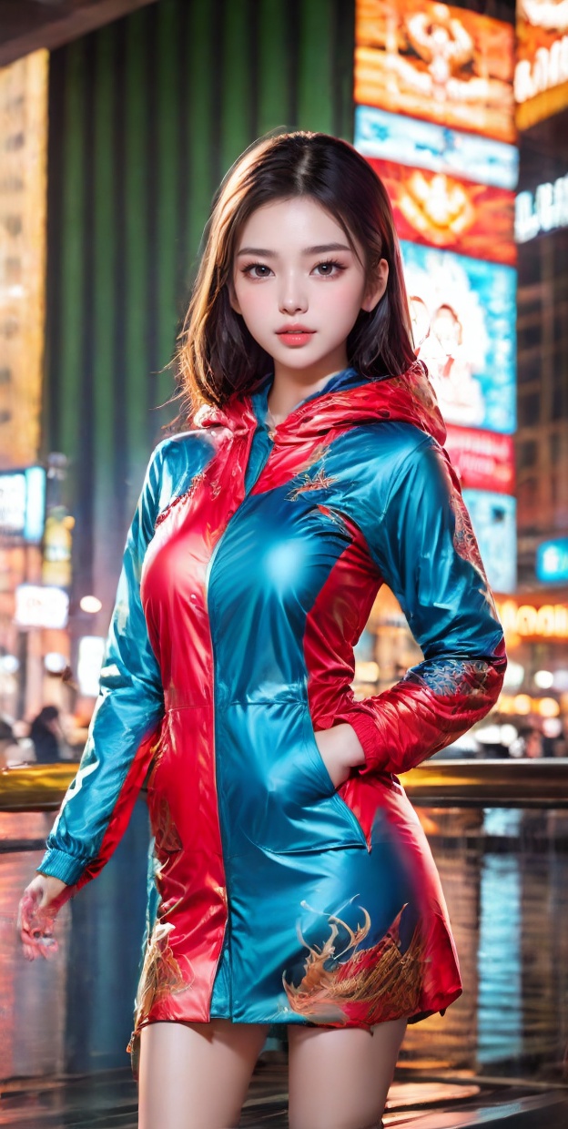 Ultra-high resolution,  cinematic lighting,  Woman wearing pink raincoat in Times Square on Tensor.Art