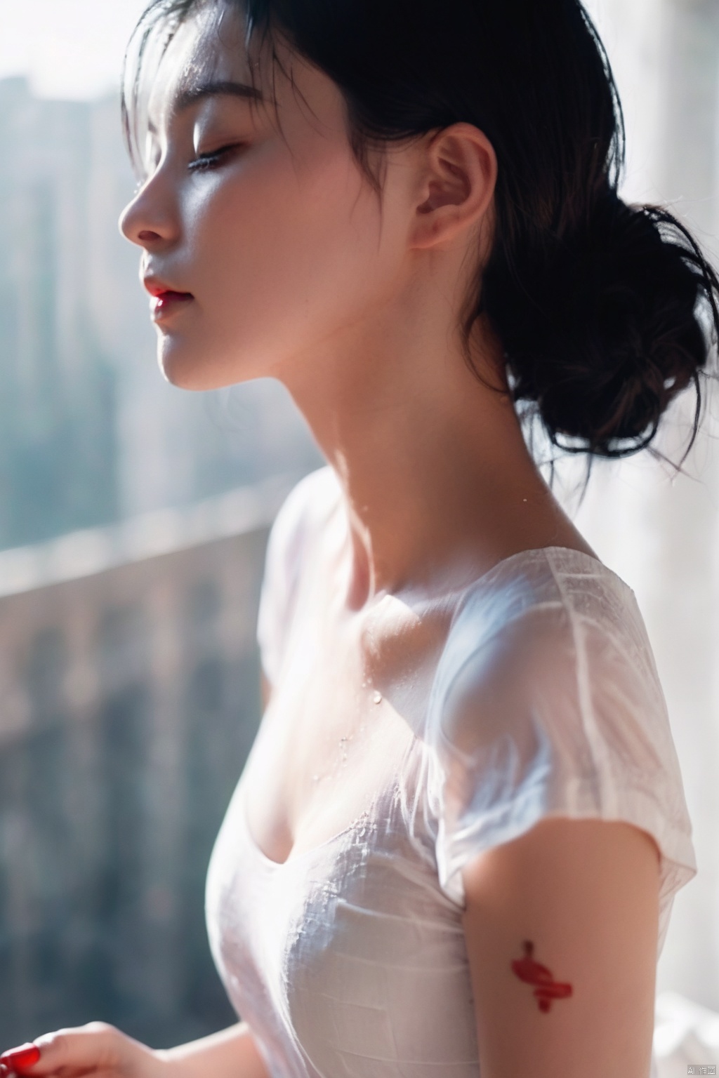  1girl, solo, long hair, black hair, dress, closed eyes, short sleeves, solo focus, day, nail polish, white dress, blurry, from side, lips, profile, sunlight, red nails, realistic