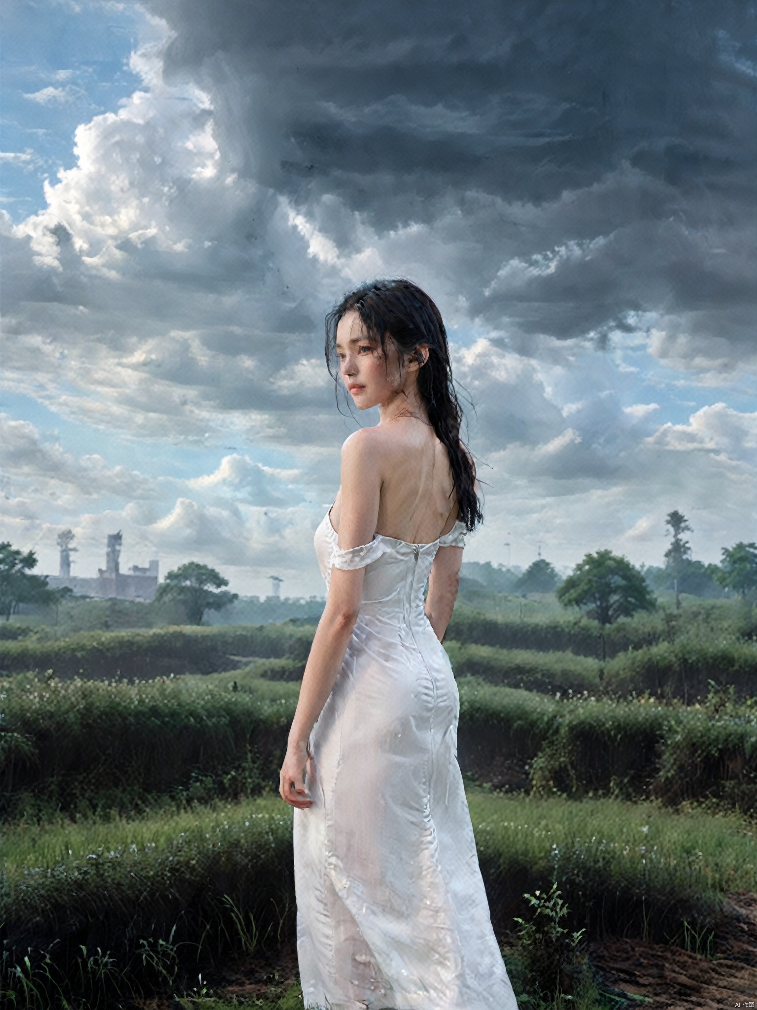 1girl, solo, long hair, black hair, dress, bare shoulders, outdoors, sky, artist name, cloud, white dress, black dress, tree, cloudy sky, grass, long dress