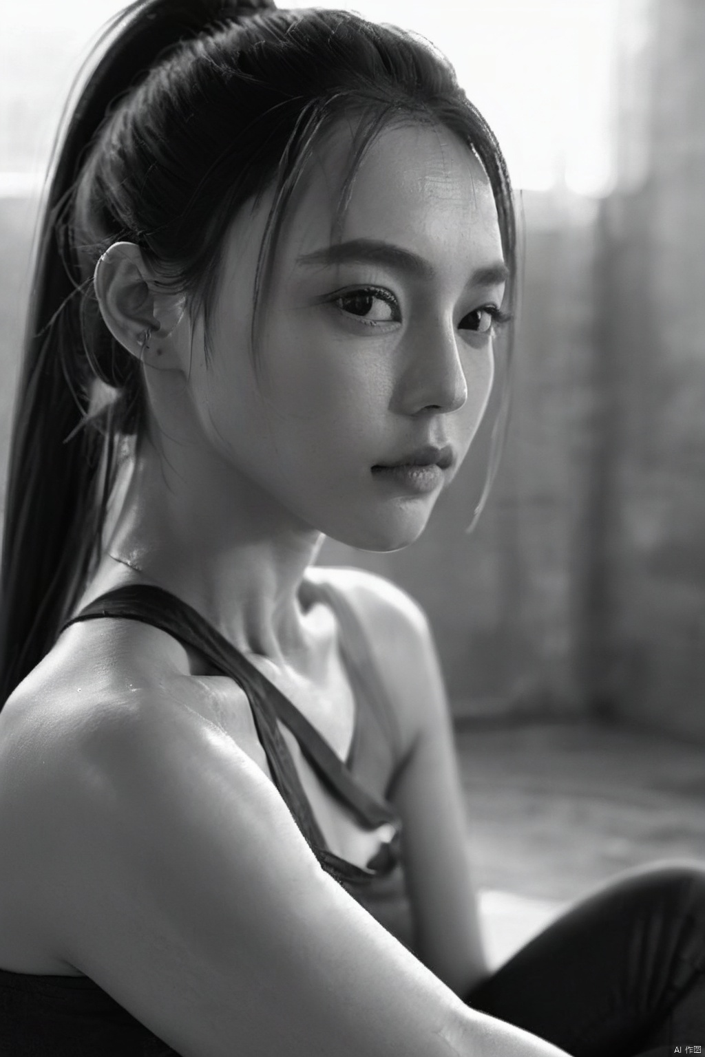 1girl, solo, long hair, looking at viewer, sitting, monochrome, ponytail, greyscale, lips, realistic, nose