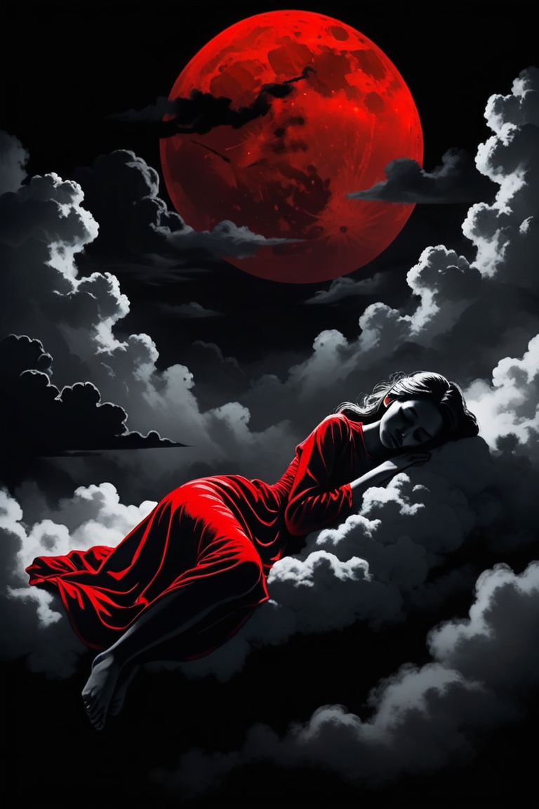 Silhouette,  a girl sleeping in the clouds,  moody sad dark atmosphere on Tensor.Art
