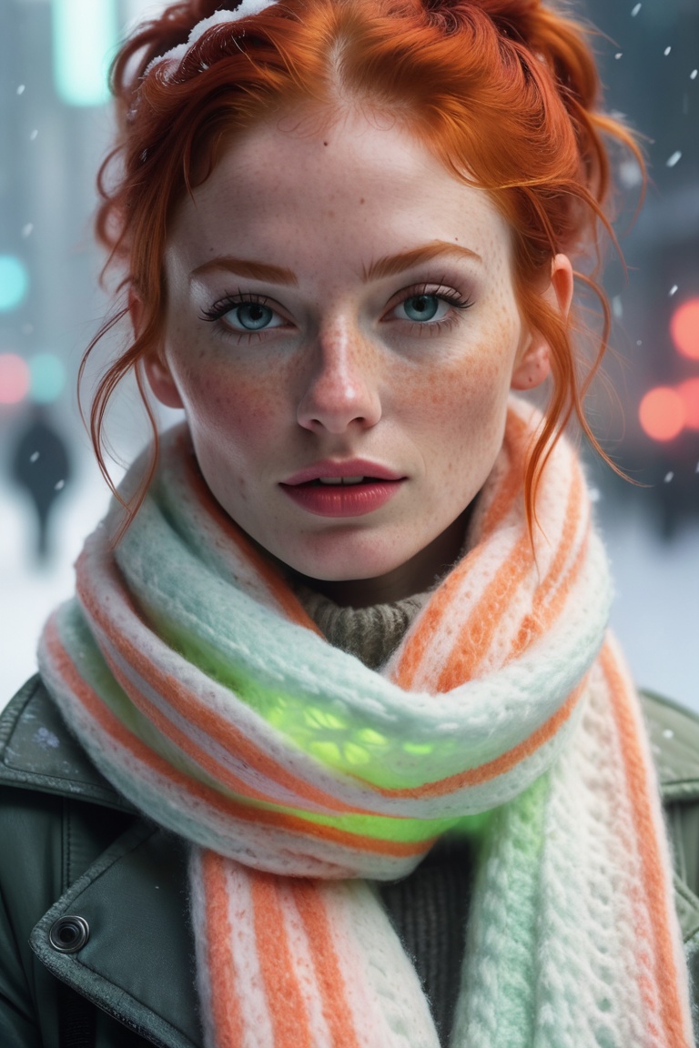 Face behind wooly scarf,  Petite redhead Woman in snow,  Freckles on Tensor.Art