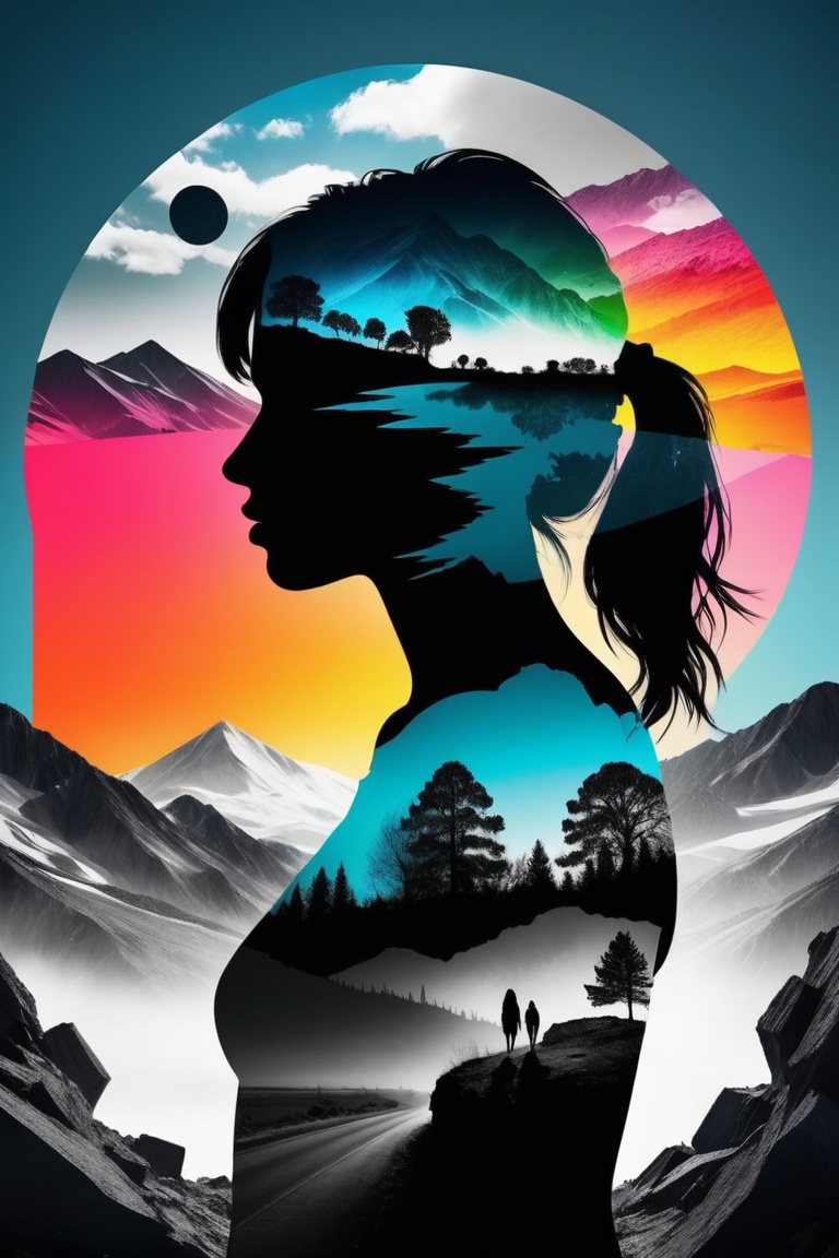 Masterpiece double exposure of a girl silhouette with monochrome apocalypse aftermath and a colorful natural landscape in...