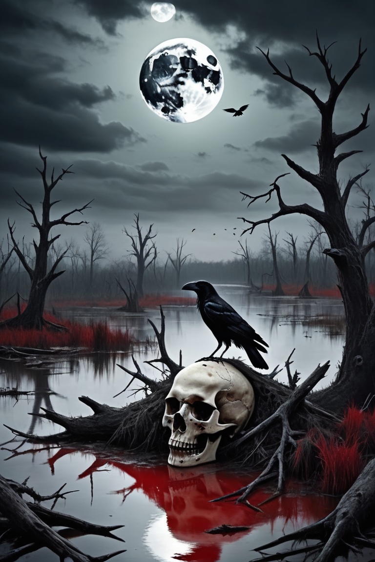a swamp under a gloomy sky,  with a crow perched on a decayed skull. The full moon behind the crow makes its eyes glow red...
