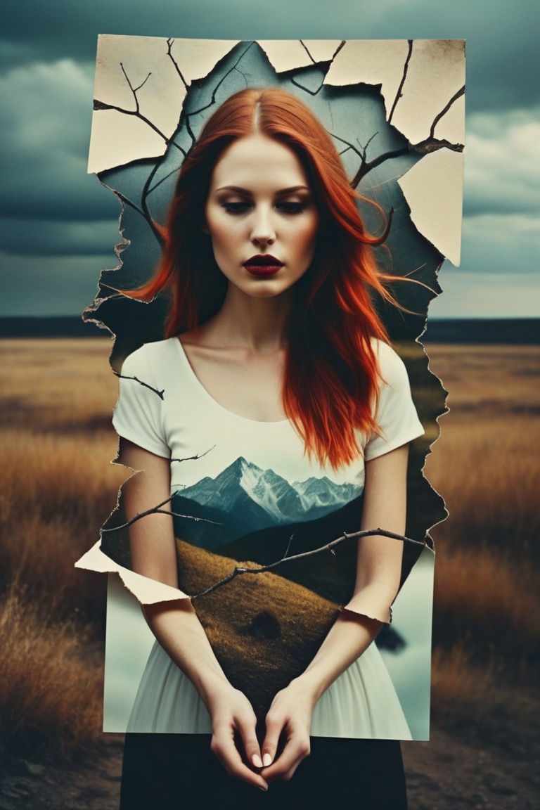 double exposure complex art by Alex Stoddard,  Natalia Drepina and Brooke Shaden surreal postcard on a cracked paper,  ext...
