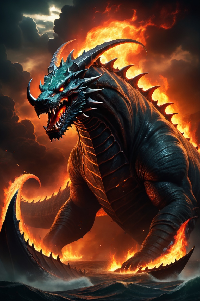 Infernal Leviathan. Colossal,  very large. Shadowy,  very angry. Sinister. Infernal background. Very detailed. Fire in the...