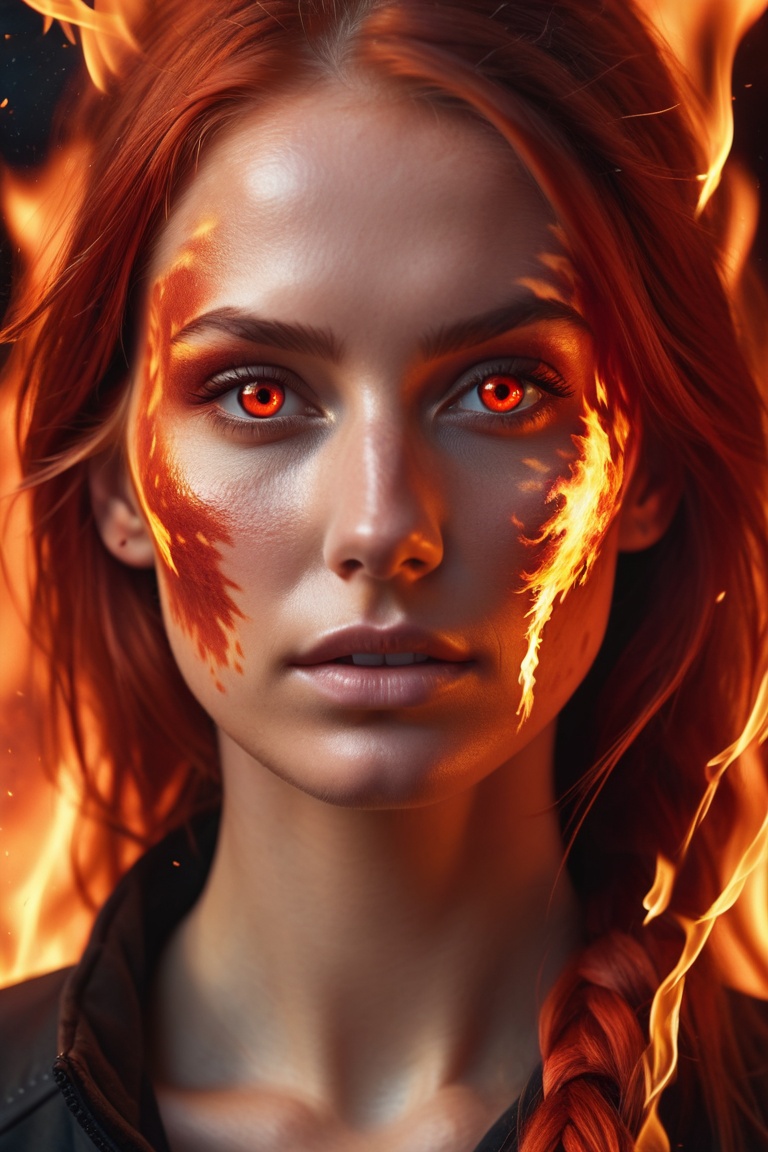 RAW photo of an . Woman,  24 years old,  a macro-close-up of a woman's face with fire on her face on Tensor.Art