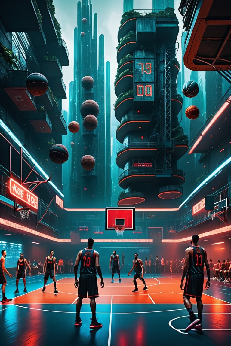 basketball court inside a altered carbon city on Tensor.Art
