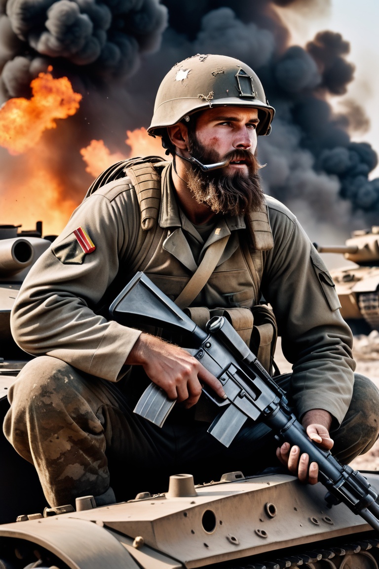 On a battlefield,  a soldier aged 30,  with a well-maintained beard on Tensor.Art