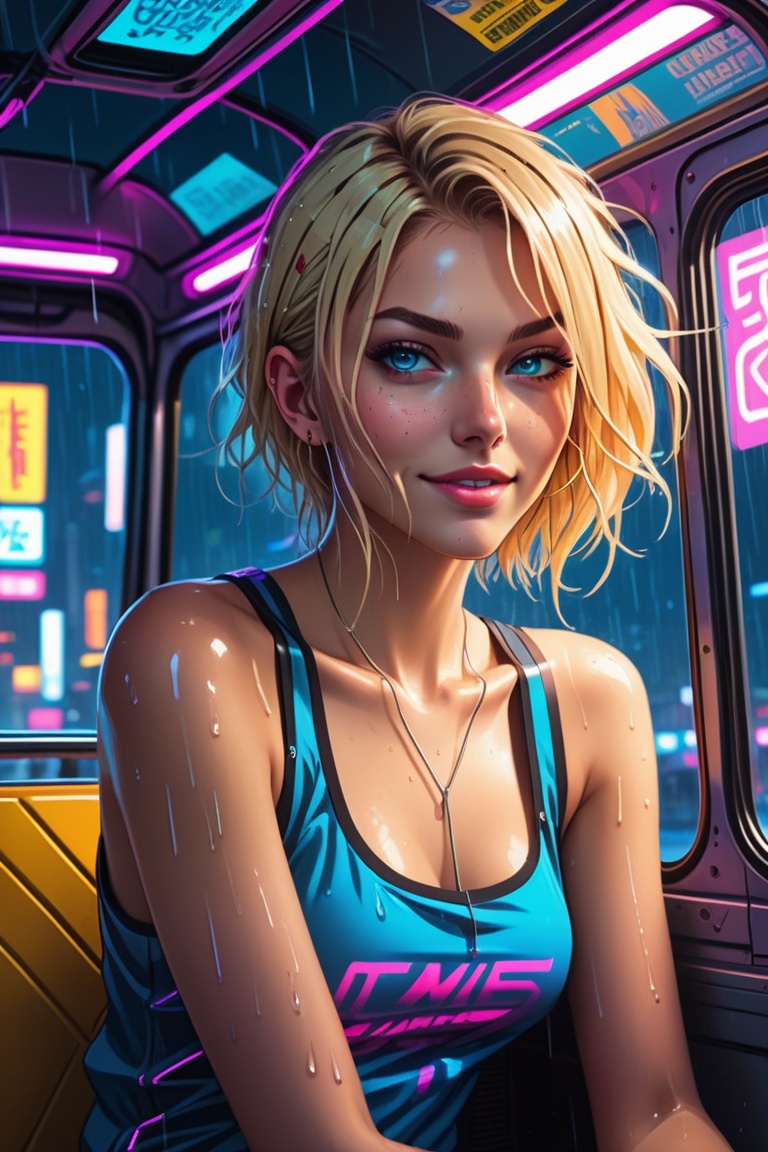 Line art anime style inspired by Code Geass of a woman sitting inside a cyberpunk-inspired bus,  wet light blonde hair,  b...