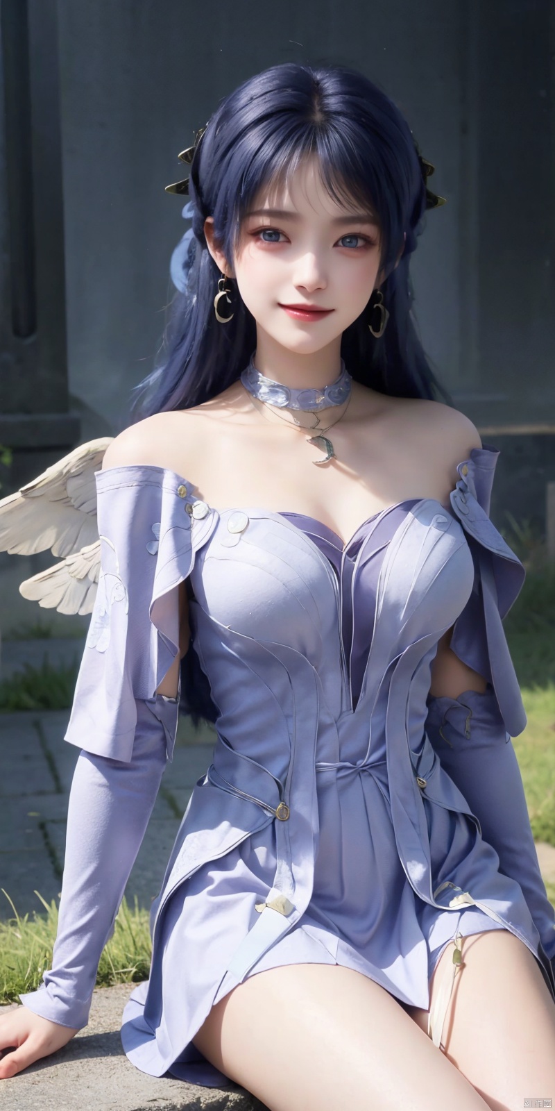 1girl, dance, Fairy, crystal, jewels,black, wings,Holy Light,As white as rosy clouds, 1girl, solo, long hair, looking at viewer, blush, bangs, blue eyes, hair ornament, long sleeves, hair between eyes, jewelry, sitting, very long hair, closed mouth, blue hair, earrings, wings, choker, virtual youtuber, necklace, star \(symbol\), sweater, sleeves past wrists, black choker, halo, cross, feathered wings, puffy long sleeves, angel wings, star hair ornament, white wings, angel, star earrings, cross necklace, latin cross, star necklace,zijiyue,kind smile