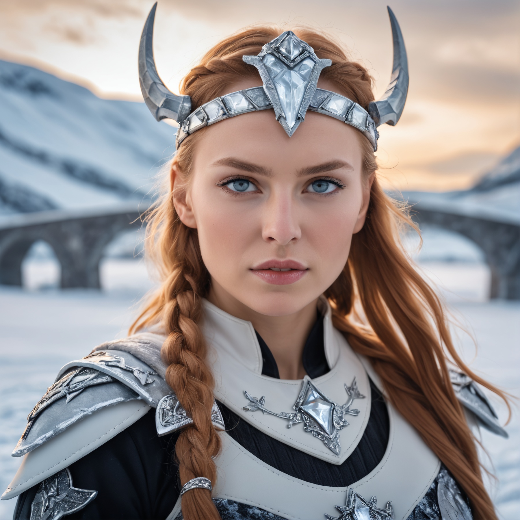 Epic Closeup photo of an Valkyrie In an ice landscape wearing nordic clothes ,  bifröst bridge in background,  high qualit...