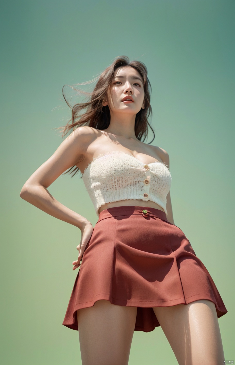  1girl,Light green background,,Simple background,((Red Short skirt,)), strapless,portrait, juemei,Cleavage,Fleshy skin,,,Fighting posture, , Surrealism, from below, Nikon, Surrealism, backlighting, 8k, super detail, high quality, high details, UHD, award winning, textured skin, anatomically correct,