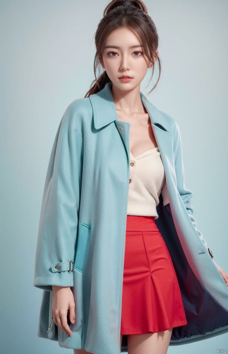  1girl,Light green background,,Simple background,Ponytail,(((Light blue coat))),((Red Short skirt,)), Delicate face,strapless,portrait, juemei,Cleavage,Fleshy skin,,,Fighting posture, , Surrealism,, Nikon, Surrealism, backlighting, 8k, super detail, high quality, high details, UHD, award winning, textured skin, anatomically correct, juemei