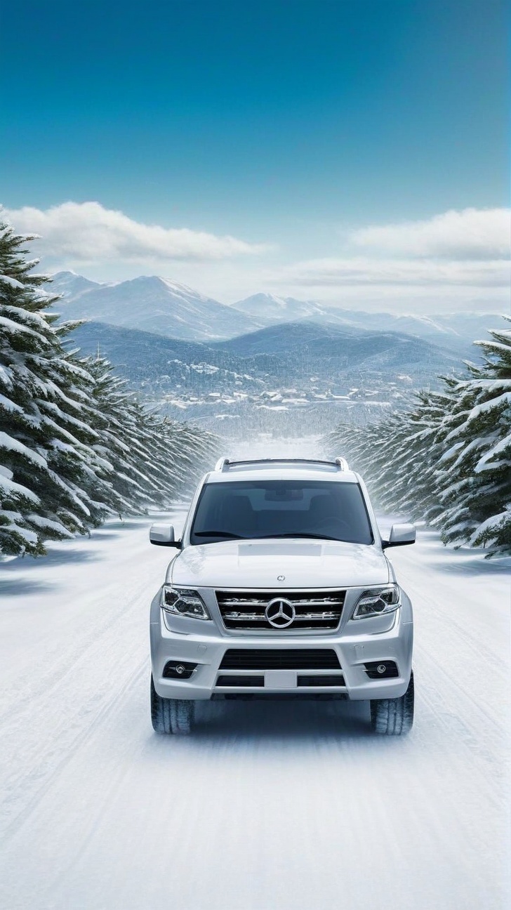 (Hyper-realistic) portrait of a modern SUV driving in snow road,  snow,  tree on Tensor.Art