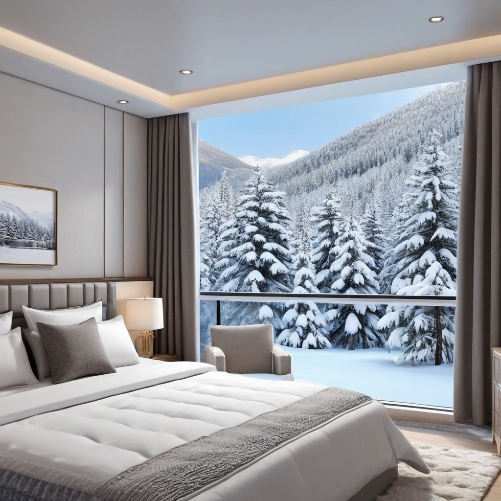 A realistic photo of bed room in winder resort1,  winter resort1,  hyper detailed on Tensor.Art