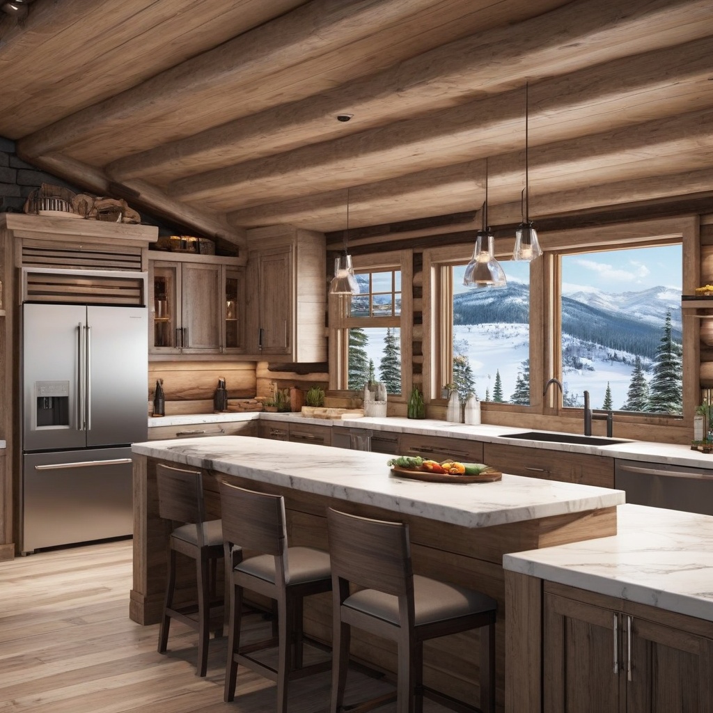 A realistic photo of kitchen in luxury cabin of winder resort1,  modern luxury cabin,  winter resort1 on Tensor.Art