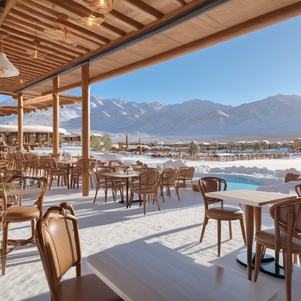 A realistic photo of a beautiful Cafe in winder resort1,  desert display,  winter resort1 on Tensor.Art