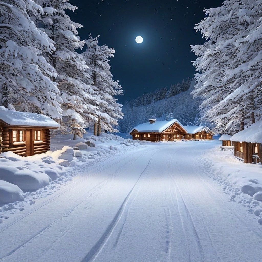 A realistic photo of snow road in winder resort1 at night,  snow,  tree on Tensor.Art