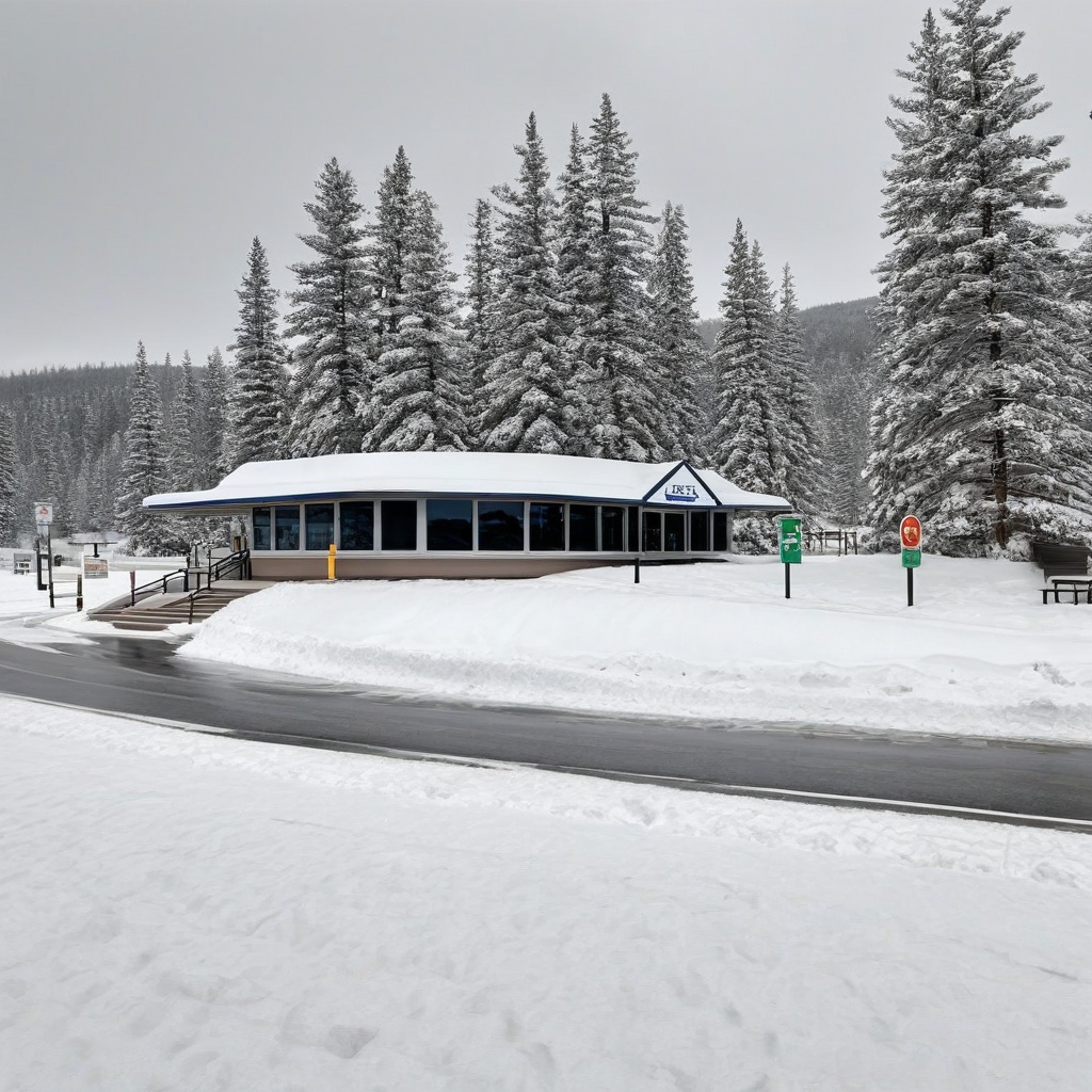 A realistic photo of highway rest area near winder resort1,  winter resort1,  hyper detailed on Tensor.Art